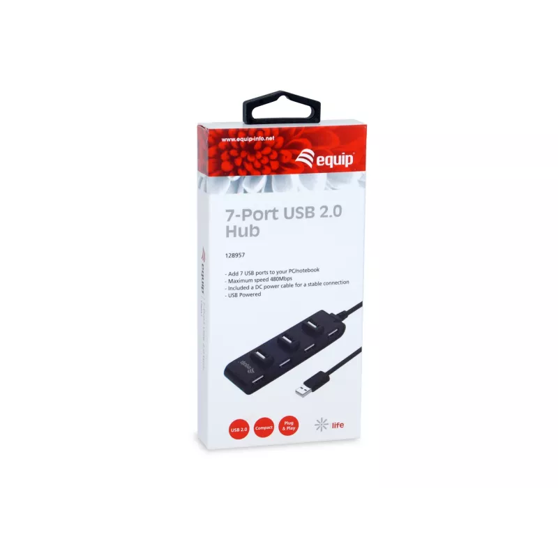 Equip 7-Port USB 2.0 Hub, USB 2.0, USB 2.0, 480 Mbit/s, Schwarz, China, CE, RoHS