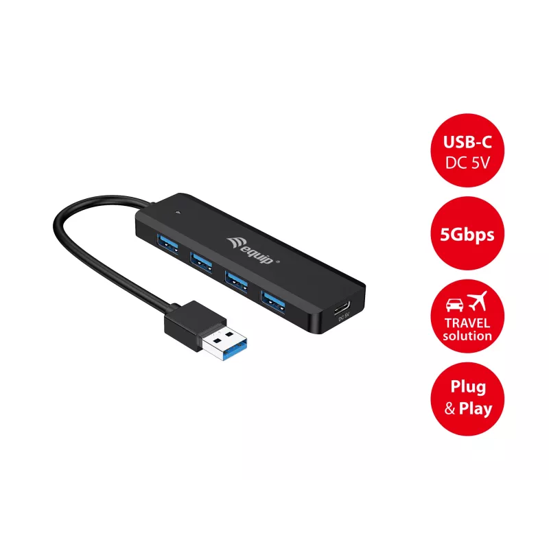4-Port USB 3.2 Gen 1 Hub Equip mit USB-C Adapter Schwarz 5000 Mbit/s