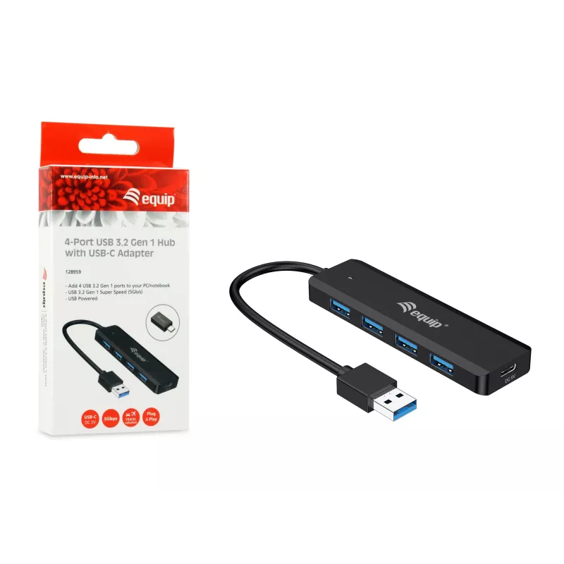 4-Port USB 3.2 Gen 1 Hub Equip mit USB-C Adapter Schwarz 5000 Mbit/s