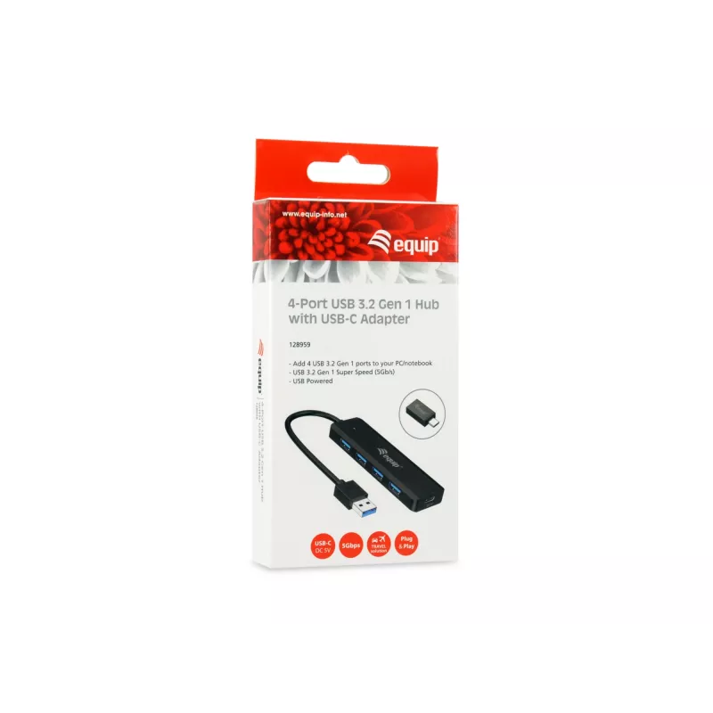 4-Port USB 3.2 Gen 1 Hub Equip mit USB-C Adapter Schwarz 5000 Mbit/s