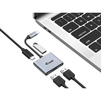 Equip USB-C 4-in-1 Dual-HDMI-Adapter, USB 3.2 Gen 1 (3.1 Gen 1) Typ-C, Silber, 4K Ultra HD, 30 Hz, HDMI, Aluminium