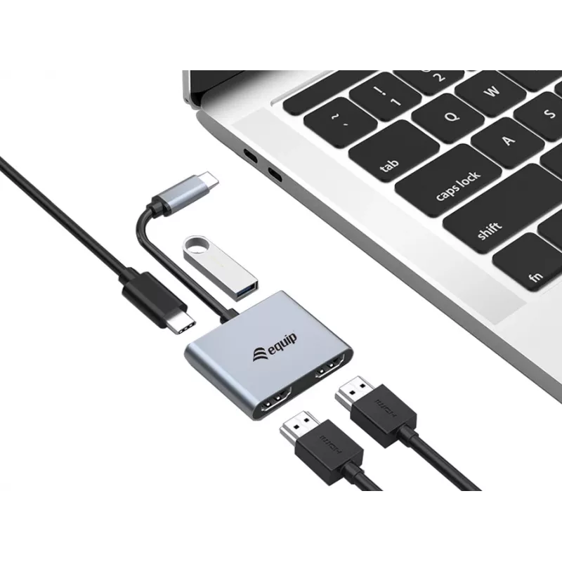 Equip USB-C 4-in-1 Dual-HDMI-Adapter, USB 3.2 Gen 1 (3.1 Gen 1) Typ-C, Silber, 4K Ultra HD, 30 Hz, HDMI, Aluminium