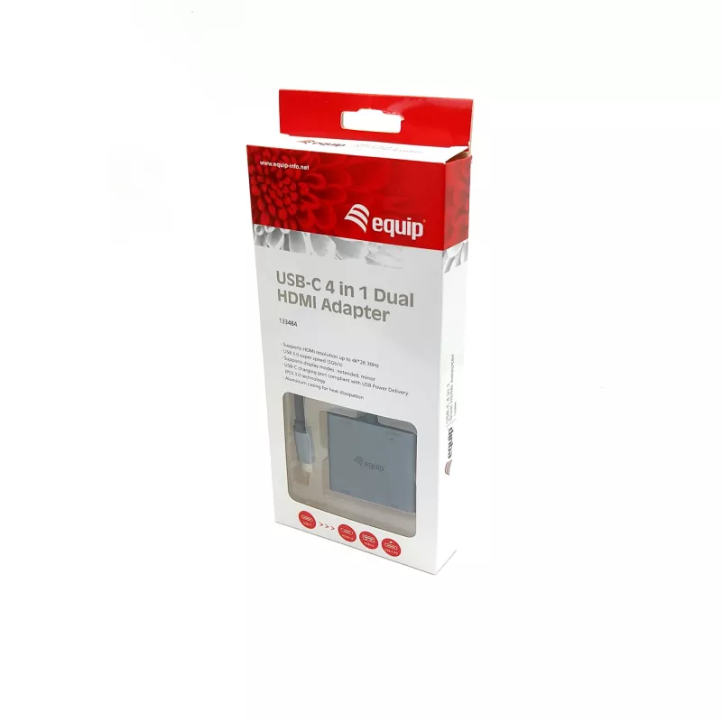 Equip USB-C 4-in-1 Dual-HDMI-Adapter, USB 3.2 Gen 1 (3.1 Gen 1) Typ-C, Silber, 4K Ultra HD, 30 Hz, HDMI, Aluminium