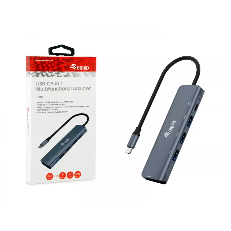Equip USB-C 5-in-1 MULTIFUNKTIONALER Adapter, HDMI, USB 3.2 GEN1, 100W USB PD