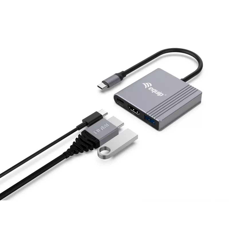 Equip 3-in-1 USB-C auf HDMI / USB-A / USB PD Adapter, 3.2 Gen 1 (3.1 Gen 1), USB Typ-C, HDMI-Ausgang, 3840 x 2160 Pixel