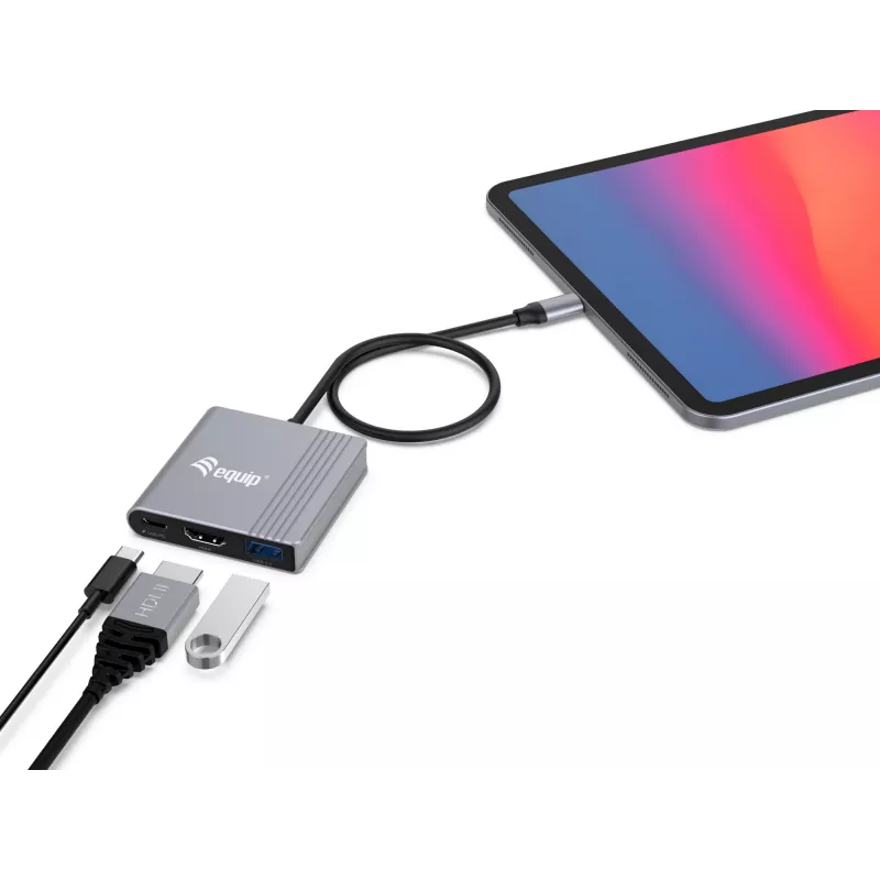 Equip 3-in-1 USB-C auf HDMI / USB-A / USB PD Adapter, 3.2 Gen 1 (3.1 Gen 1), USB Typ-C, HDMI-Ausgang, 3840 x 2160 Pixel