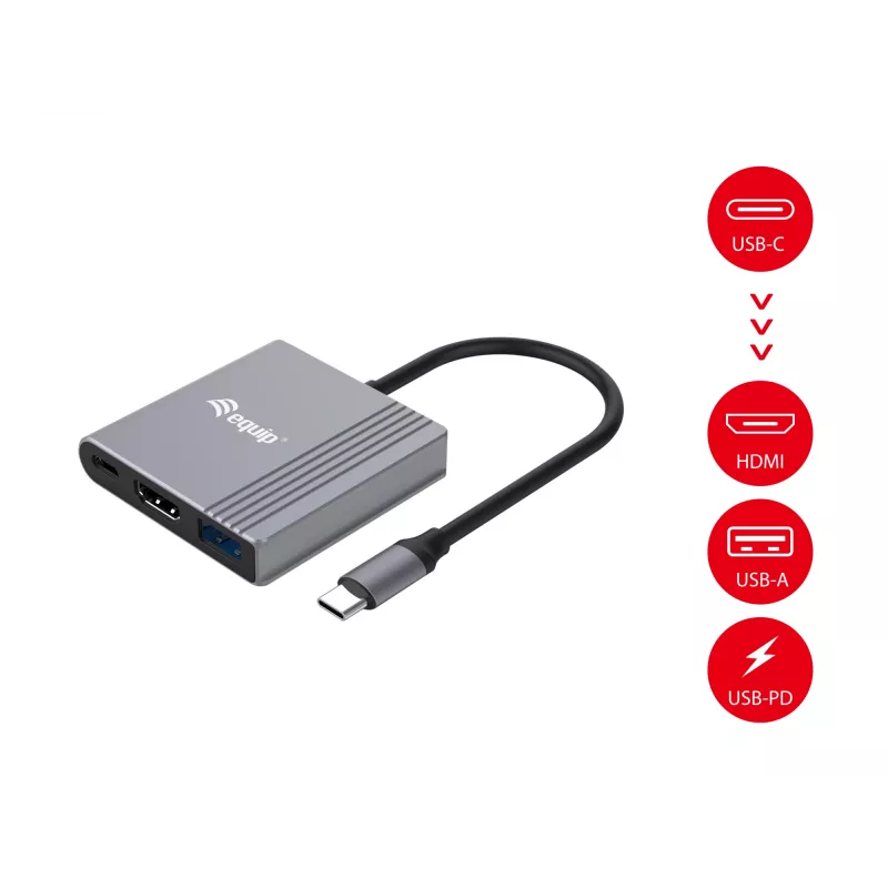 Equip 3-in-1 USB-C auf HDMI / USB-A / USB PD Adapter, 3.2 Gen 1 (3.1 Gen 1), USB Typ-C, HDMI-Ausgang, 3840 x 2160 Pixel