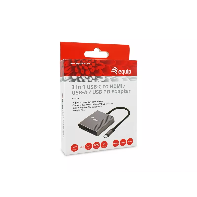 Equip 3-in-1 USB-C auf HDMI / USB-A / USB PD Adapter, 3.2 Gen 1 (3.1 Gen 1), USB Typ-C, HDMI-Ausgang, 3840 x 2160 Pixel