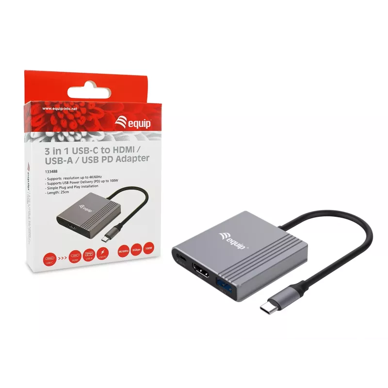 Equip 3-in-1 USB-C auf HDMI / USB-A / USB PD Adapter, 3.2 Gen 1 (3.1 Gen 1), USB Typ-C, HDMI-Ausgang, 3840 x 2160 Pixel