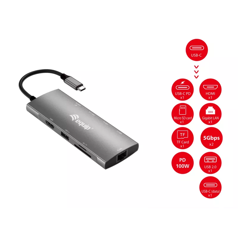 Equip USB-C 9-in-1-Multifunktionsadapter, HDMI 4K/60Hz, Gigabit-LAN, USB 3.2 GEN1, SD/TF, 100W USB PD