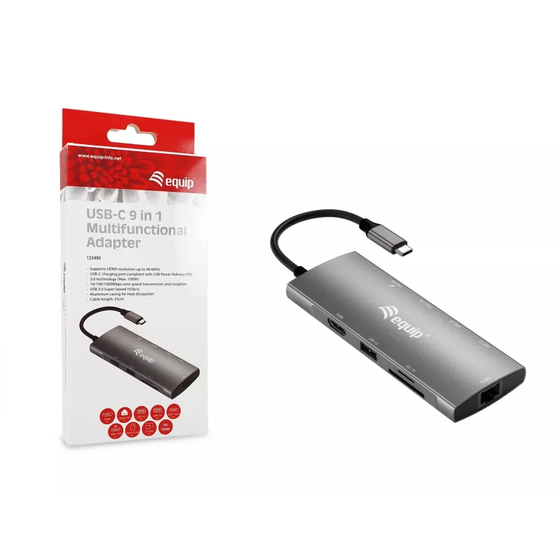 Equip USB-C 9-in-1-Multifunktionsadapter, HDMI 4K/60Hz, Gigabit-LAN, USB 3.2 GEN1, SD/TF, 100W USB PD