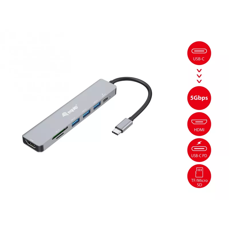 Equip USB-C 7-in-1 Multifunktionsadapter, HDMI 4K/60Hz, USB 3.2 Gen1 x3, TF/Micro SD, 100W USB PD