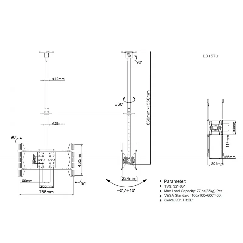 Equip 32 Zoll-65 Zoll Deckenhalterung für zwei Bildschirme