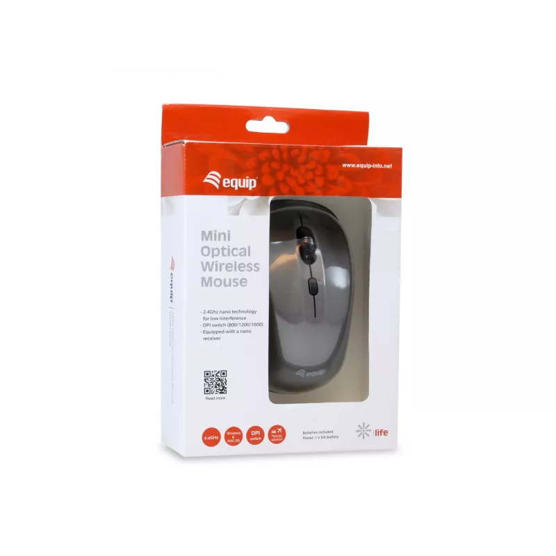 Equip Mini Optische Funkmaus, Beidhändig, Optisch, RF Wireless, 1600 DPI, Grau