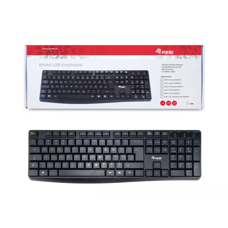 Equip kabelgebundene USB-Tastatur, US/Internationales Layout (QWERTY), Full-Size (100%), Kabelgebunden, USB, QWERTY, Schwarz
