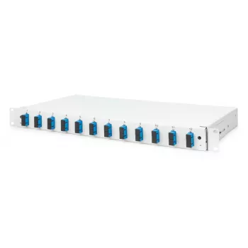 DIGITUS Glasfaser-Spleißbox, 1U, bestückt mit 12x SC Duplex, inkl. M25-Schraube, Spleißkassette, farbige Pigtails OS2, Adapter