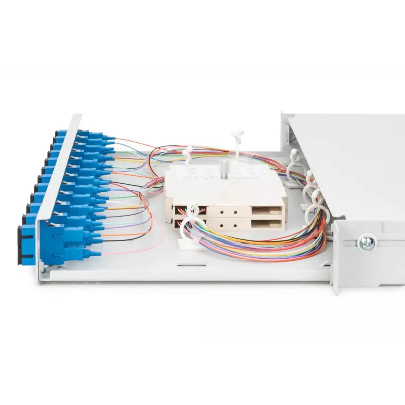 DIGITUS Glasfaser-Spleißbox, 1U, bestückt mit 12x SC Duplex, inkl. M25-Schraube, Spleißkassette, farbige Pigtails OS2, Adapter