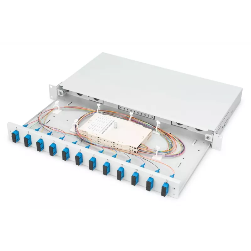 DIGITUS Glasfaser-Spleißbox, 1U, bestückt mit 12x SC Duplex, inkl. M25-Schraube, Spleißkassette, farbige Pigtails OS2, Adapter