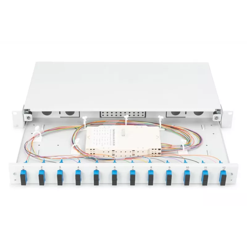 DIGITUS Glasfaser-Spleißbox, 1U, bestückt mit 12x SC Duplex, inkl. M25-Schraube, Spleißkassette, farbige Pigtails OS2, Adapter