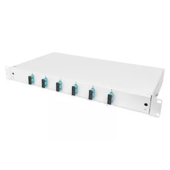 DIGITUS Glasfaser-Schiebespleißbox, 1 HE, bestückt mit 6x SC Duplex, inkl. M 25 Schraube, Spleißkassette farbige Pigtails OM3, Adapter