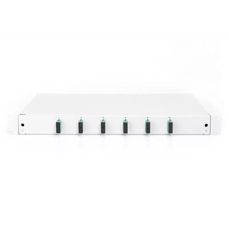 DIGITUS Glasfaser-Schiebespleißbox, 1 HE, bestückt mit 6x SC Duplex, inkl. M 25 Schraube, Spleißkassette farbige Pigtails OM3, Adapter
