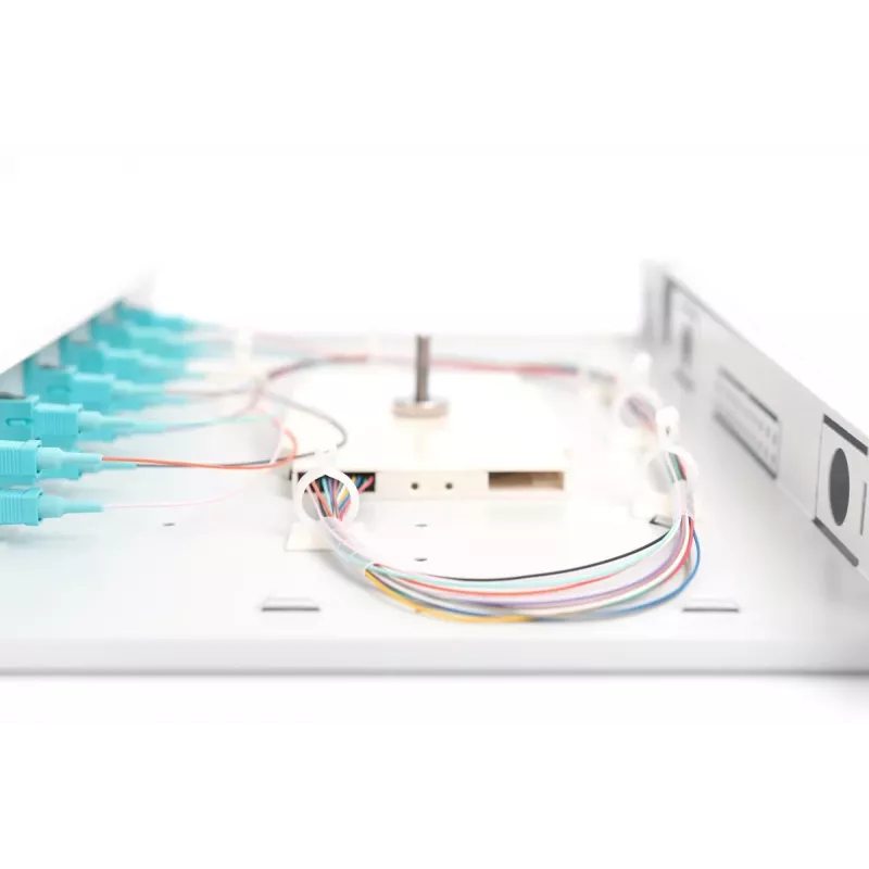 DIGITUS Glasfaser-Schiebespleißbox, 1 HE, bestückt mit 6x SC Duplex, inkl. M 25 Schraube, Spleißkassette farbige Pigtails OM3, Adapter