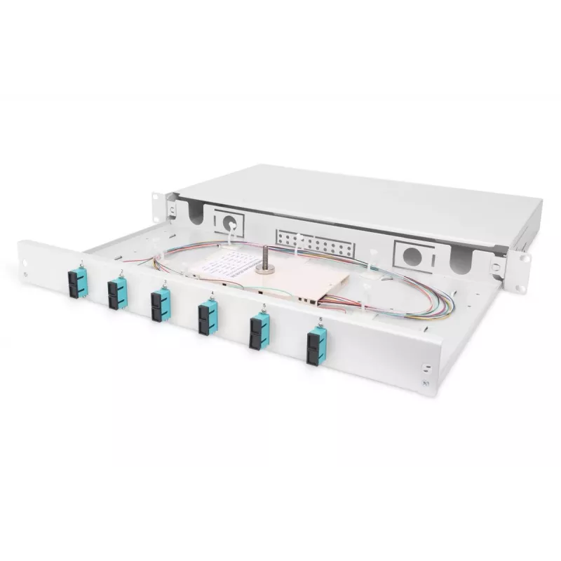 DIGITUS Glasfaser-Schiebespleißbox, 1 HE, bestückt mit 6x SC Duplex, inkl. M 25 Schraube, Spleißkassette farbige Pigtails OM3, Adapter
