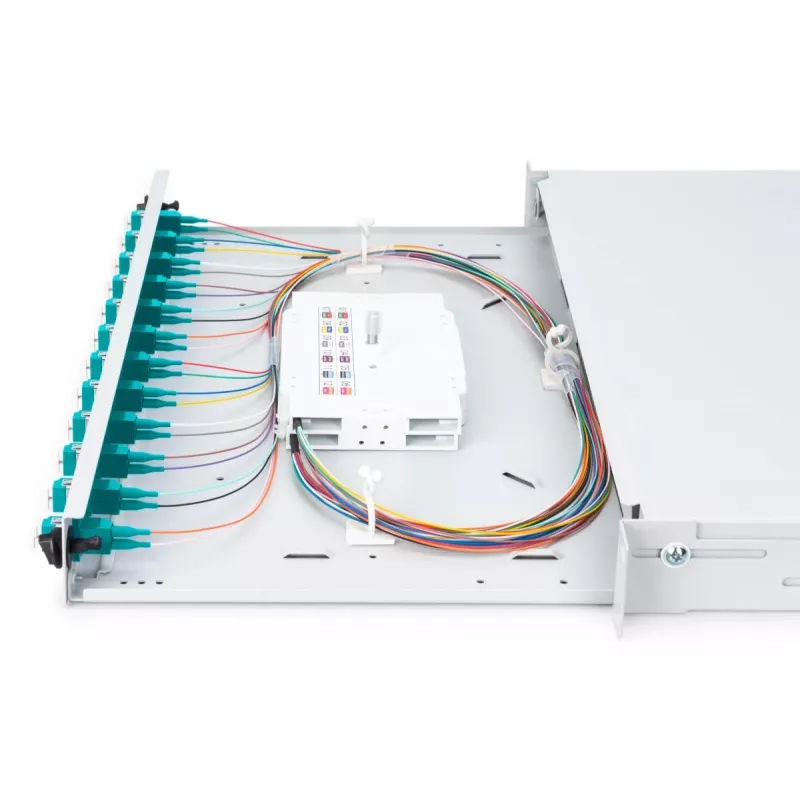 DIGITUS Glasfaser-Spleißbox, 1HE, bestückt mit 12x LC-Duplex, inkl. M25-Schrauben, Spleißkassette OM3, farbige Pigtails, Adapter