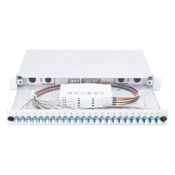 DIGITUS Glasfaser Sliding Spleißbox, 1U, bestückt mit 24x LC-Duplex, inkl. M 25 Schraube, Spleißkassette Farb-Pigtails OM4, Adapter