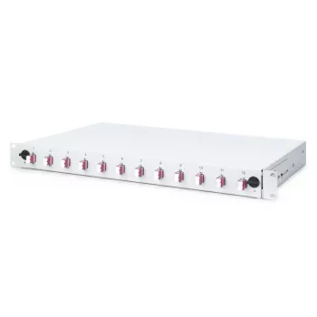 DIGITUS Fiber Optic Sliding Splice Box, 1U, Ausgestattet mit 12x LC Duplex, inkl. M 25 Schraube, Spleißkassette farbige Pigtails OM4, Adapter
