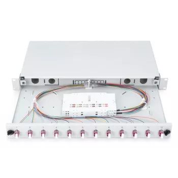 DIGITUS Fiber Optic Sliding Splice Box, 1U, Ausgestattet mit 12x LC Duplex, inkl. M 25 Schraube, Spleißkassette farbige Pigtails OM4, Adapter