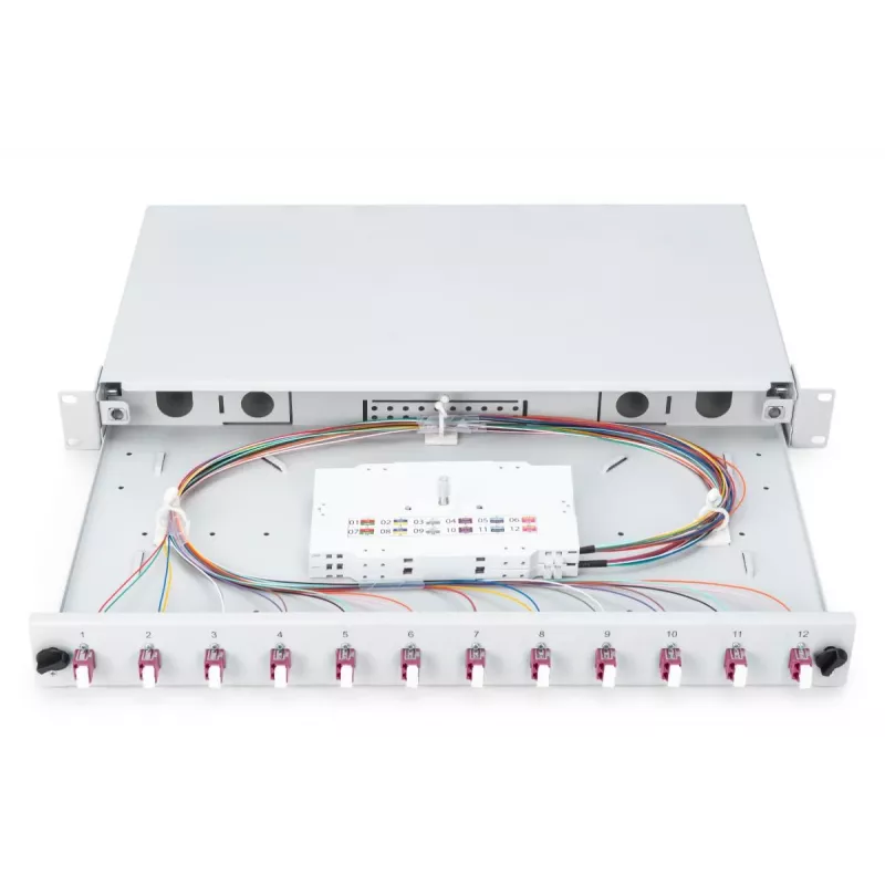 DIGITUS Fiber Optic Sliding Splice Box, 1U, Ausgestattet mit 12x LC Duplex, inkl. M 25 Schraube, Spleißkassette farbige Pigtails OM4, Adapter