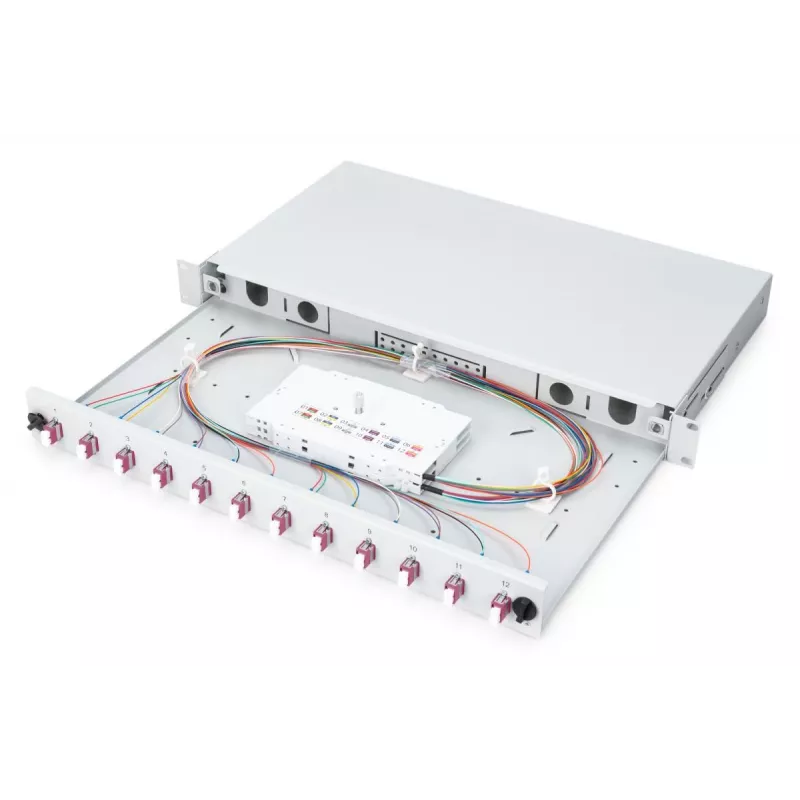 DIGITUS Fiber Optic Sliding Splice Box, 1U, Ausgestattet mit 12x LC Duplex, inkl. M 25 Schraube, Spleißkassette farbige Pigtails OM4, Adapter