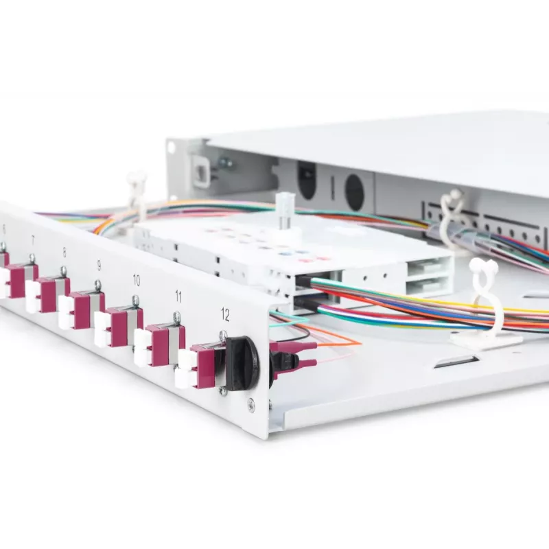 DIGITUS Fiber Optic Sliding Splice Box, 1U, Ausgestattet mit 12x LC Duplex, inkl. M 25 Schraube, Spleißkassette farbige Pigtails OM4, Adapter