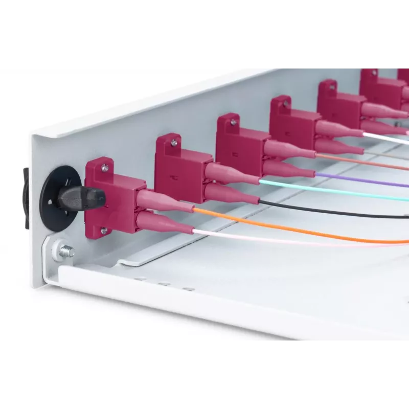 DIGITUS Fiber Optic Sliding Splice Box, 1U, Ausgestattet mit 12x LC Duplex, inkl. M 25 Schraube, Spleißkassette farbige Pigtails OM4, Adapter