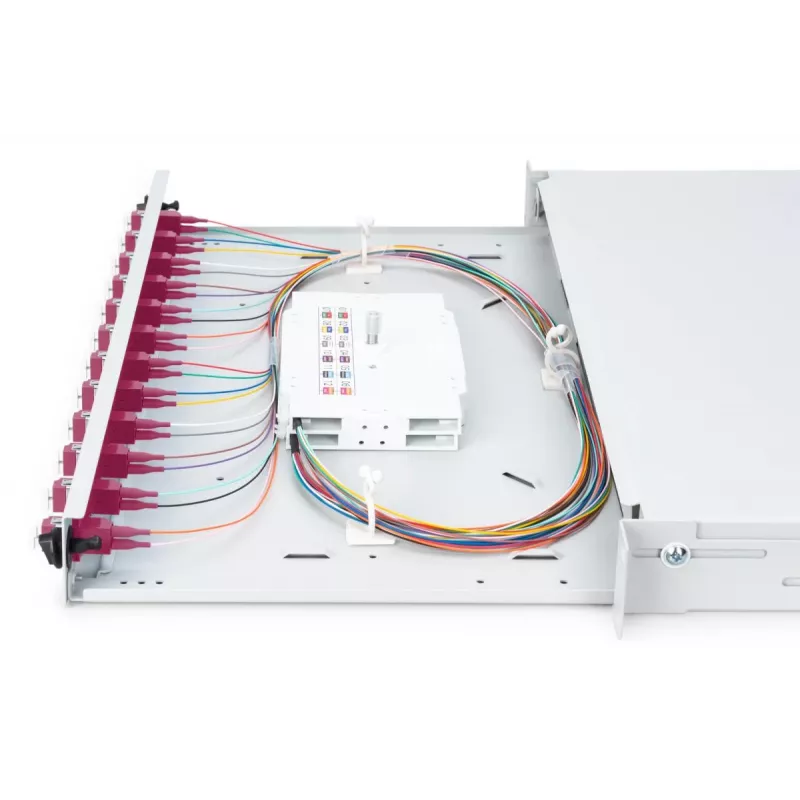 DIGITUS Fiber Optic Sliding Splice Box, 1U, Ausgestattet mit 12x LC Duplex, inkl. M 25 Schraube, Spleißkassette farbige Pigtails OM4, Adapter