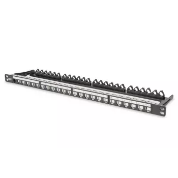 DIGITUS Modulares Patchpanel, geschirmt 24-Port, Beschriftungsfeld, 0,5HE, Rack-Montage, Farbe schwarz RAL 9005