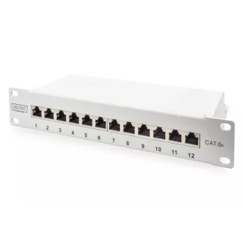 DIGITUS CAT6A Patchpanel, geschirmt, 12-Port Beschriftungsfeld, 1U, 10 Zoll Rackmontage, grau RAL 7035