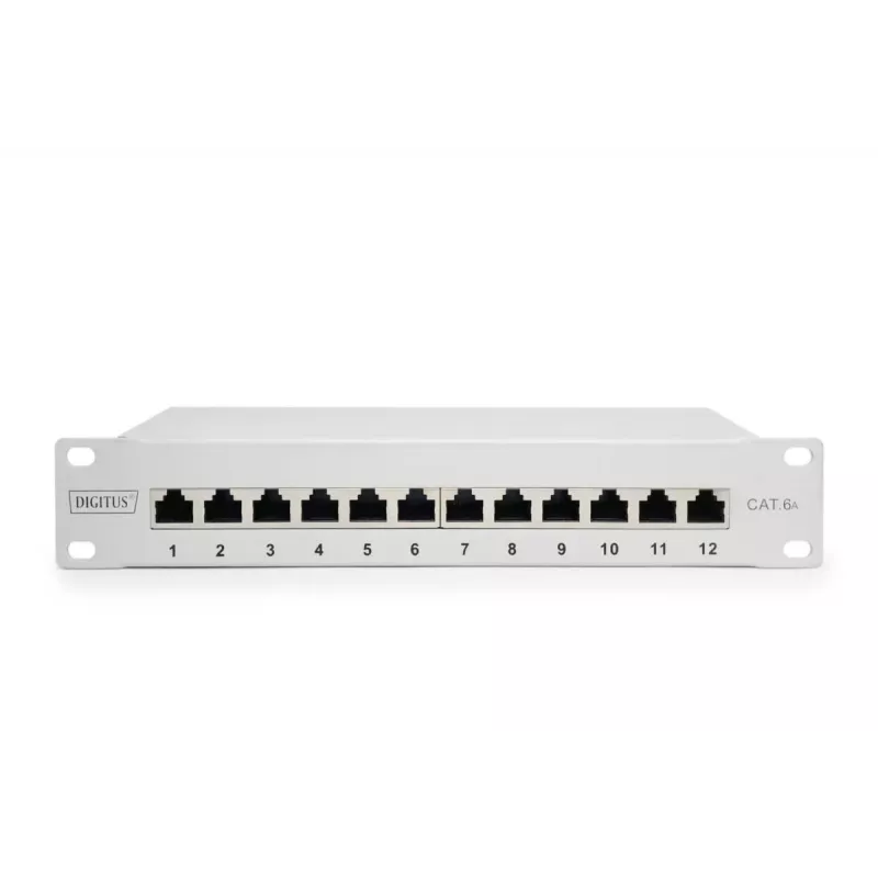 DIGITUS CAT6A Patchpanel, geschirmt, 12-Port Beschriftungsfeld, 1U, 10 Zoll Rackmontage, grau RAL 7035
