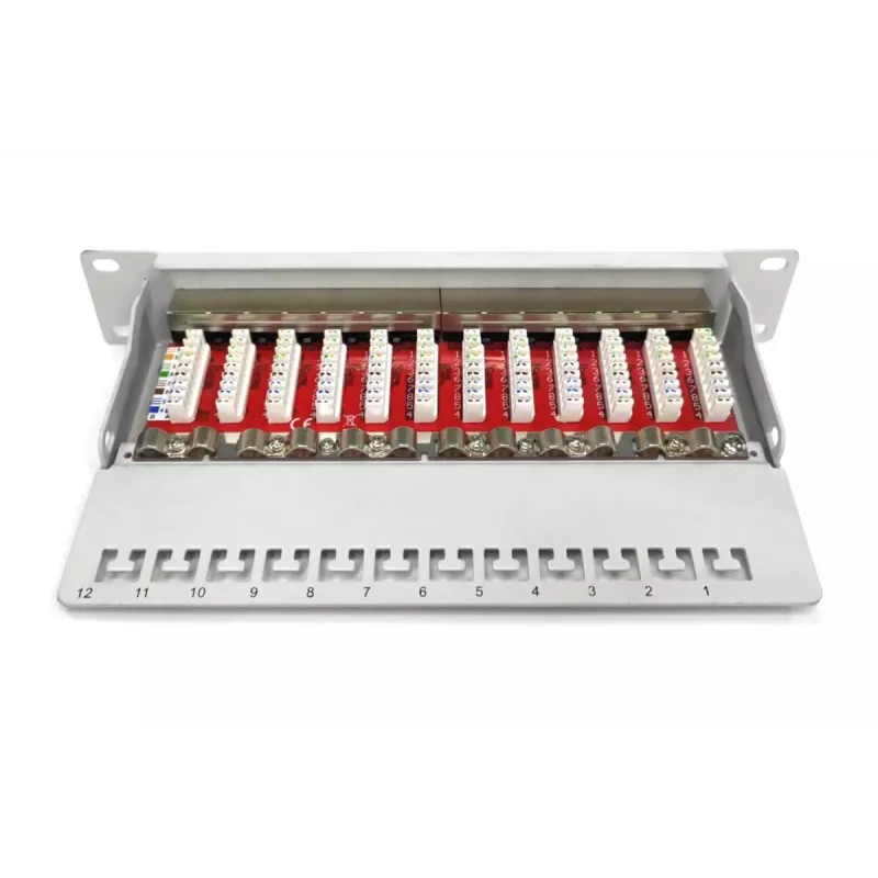 DIGITUS CAT6A Patchpanel, geschirmt, 12-Port Beschriftungsfeld, 1U, 10 Zoll Rackmontage, grau RAL 7035