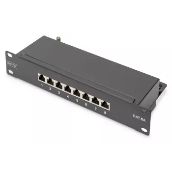 DIGITUS Patchpanel CAT6A geschirmt, 8-Port 1U, 10-Zoll-Rackmontage, schwarz RAL 9005