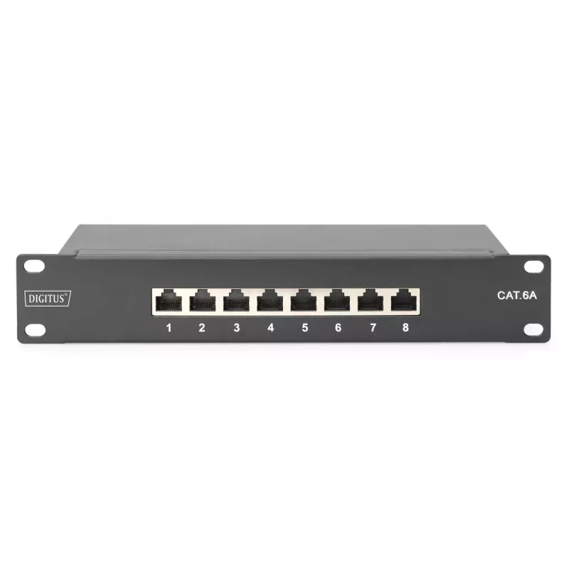 DIGITUS Patchpanel CAT6A geschirmt, 8-Port 1U, 10-Zoll-Rackmontage, schwarz RAL 9005