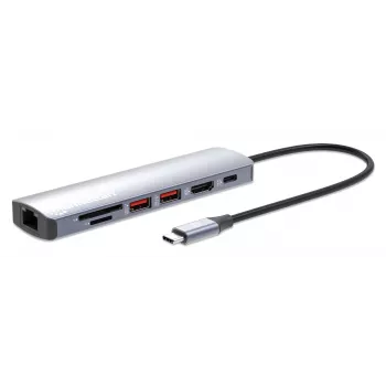 Manhattan USB-C Dock/Hub mit Kartenleser, Anschlüsse (x5): Ethernet, HDMI, USB-A (x2) und USB-C, mit Power Delivery (PD) 100 W – benötigt externes USB-C-Ladegerät (nicht im Lieferumfang). USB-betrieben (kein externes Netzteil erforderlich), wenn PD nicht verwendet wird