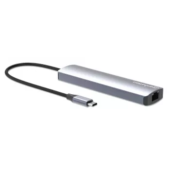 Manhattan USB-C Dock/Hub mit Kartenleser, Anschlüsse (x5): Ethernet, HDMI, USB-A (x2) und USB-C, mit Power Delivery (PD) 100 W – benötigt externes USB-C-Ladegerät (nicht im Lieferumfang). USB-betrieben (kein externes Netzteil erforderlich), wenn PD nicht verwendet wird