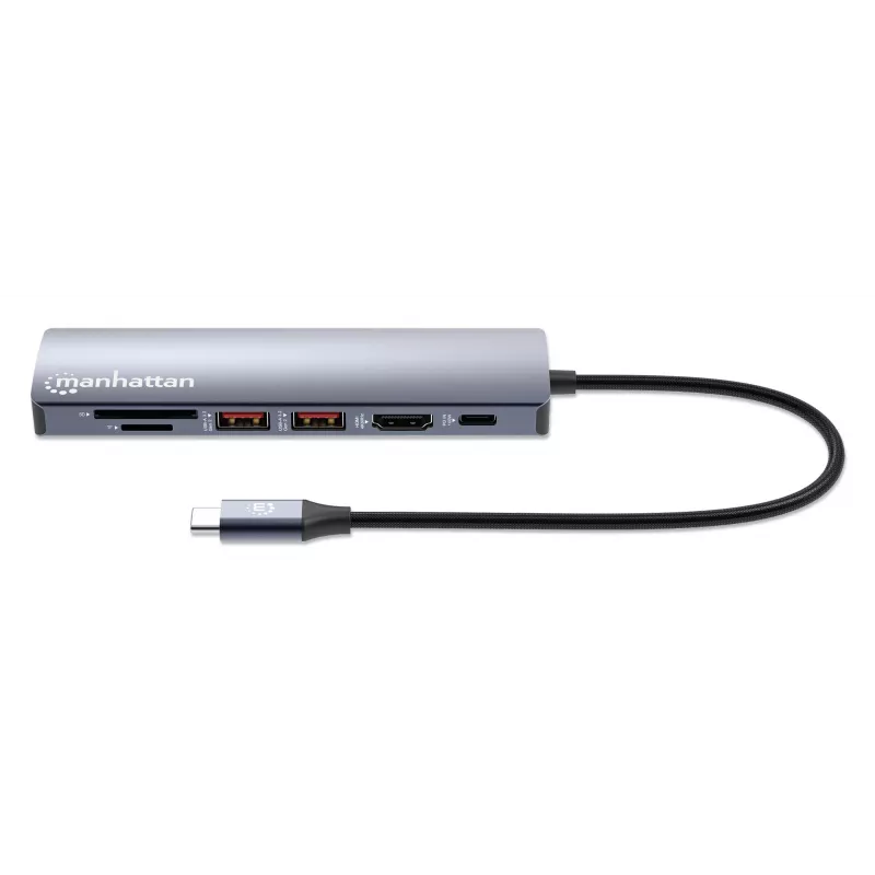 Manhattan USB-C Dock/Hub mit Kartenleser, Anschlüsse (x5): Ethernet, HDMI, USB-A (x2) und USB-C, mit Power Delivery (PD) 100 W – benötigt externes USB-C-Ladegerät (nicht im Lieferumfang). USB-betrieben (kein externes Netzteil erforderlich), wenn PD nicht verwendet wird