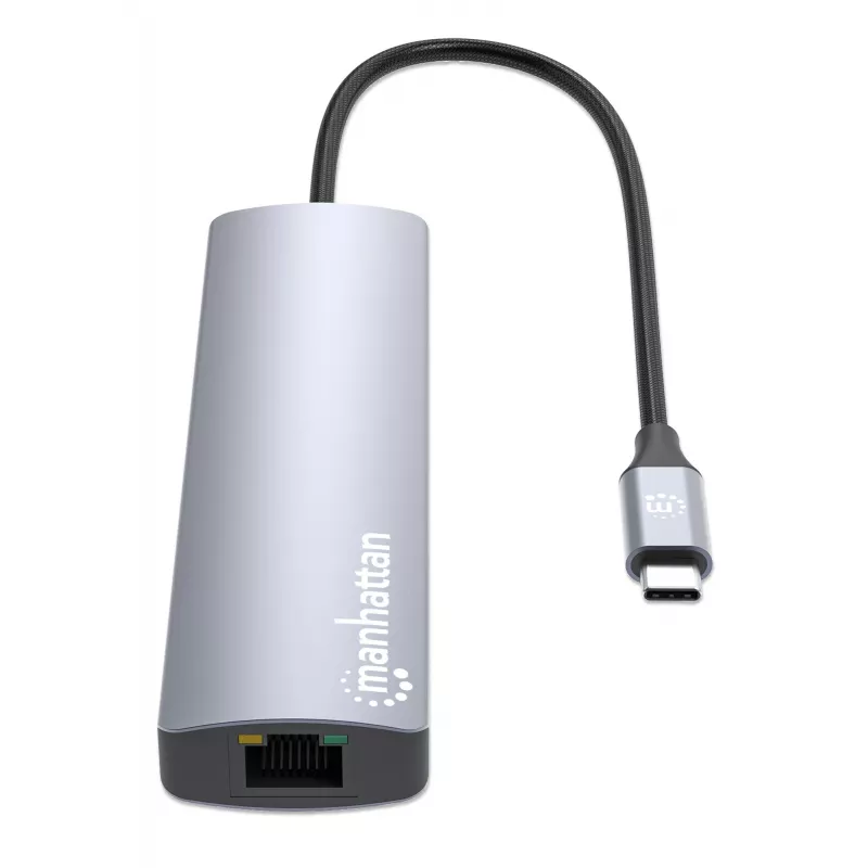 Manhattan USB-C Dock/Hub mit Kartenleser, Anschlüsse (x5): Ethernet, HDMI, USB-A (x2) und USB-C, mit Power Delivery (PD) 100 W – benötigt externes USB-C-Ladegerät (nicht im Lieferumfang). USB-betrieben (kein externes Netzteil erforderlich), wenn PD nicht verwendet wird