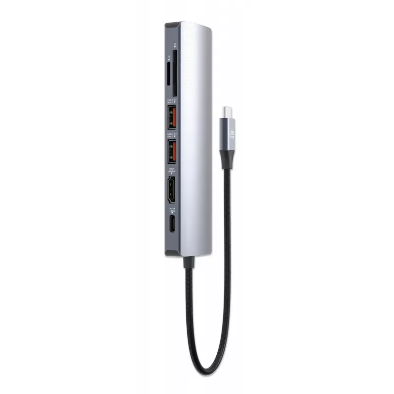 Manhattan USB-C Dock/Hub mit Kartenleser, Anschlüsse (x5): Ethernet, HDMI, USB-A (x2) und USB-C, mit Power Delivery (PD) 100 W – benötigt externes USB-C-Ladegerät (nicht im Lieferumfang). USB-betrieben (kein externes Netzteil erforderlich), wenn PD nicht verwendet wird