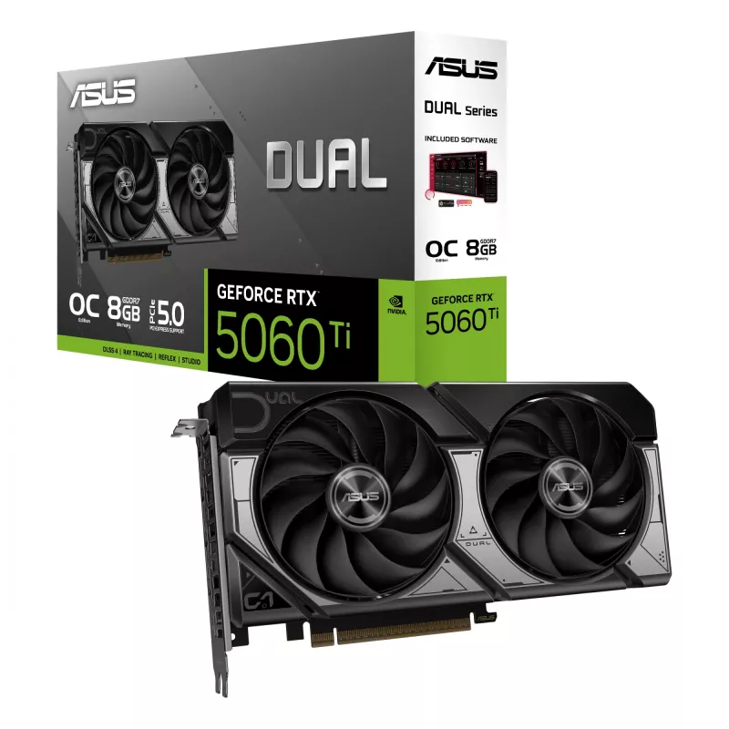 Grafikkarte ASUS GeForce RTX 5060 Ti 8 GB GDDR7, PCIe 5.0, 128-Bit, 2602 MHz Boost, 2,5-Slot, 229 mm