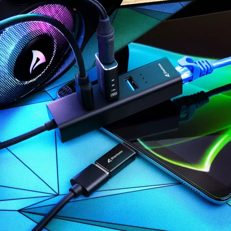 SHARKOON USB Hub - 3-Port USB 3.2 Gen 1 Alu + Ethernet Schwarz