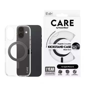 PanzerGlass CARE™ by ® Hülle Transparent mit schwarzem Kickstand & MagSafe iPhone 16